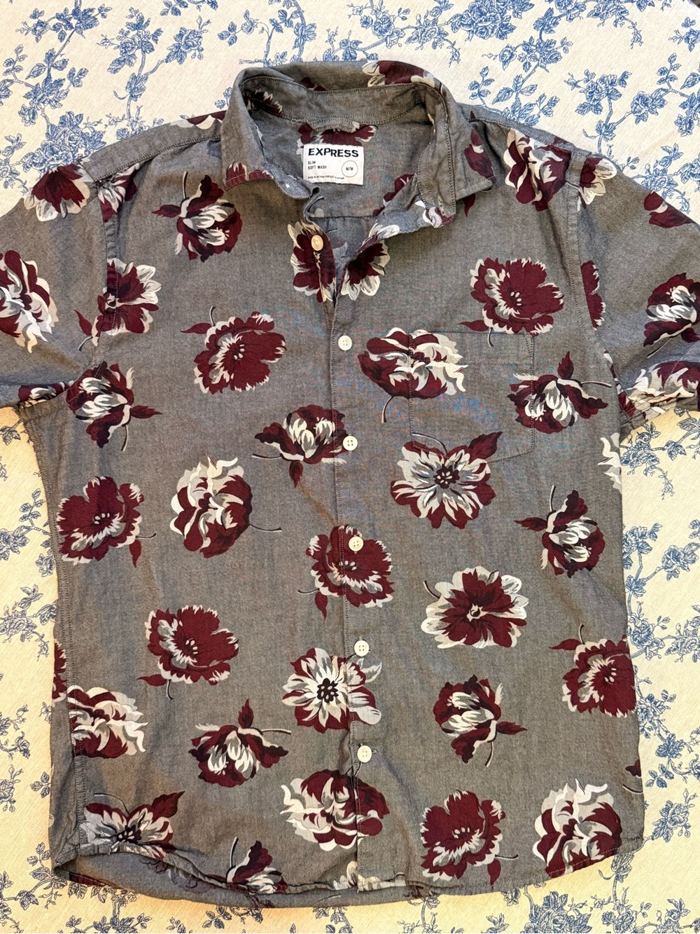 Express Men’s Short-Sleeve Floral Button-Down Shirt - Gray & Burgundy